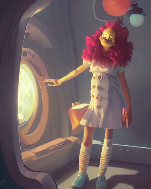 Image similar to krusty the clown in a spaceship pilot dress, portrait, illustration, rim light, top light, perfectly shaded, spring time, slight overcast lighting, soft painting, art by krenz cushart and wenjun lin