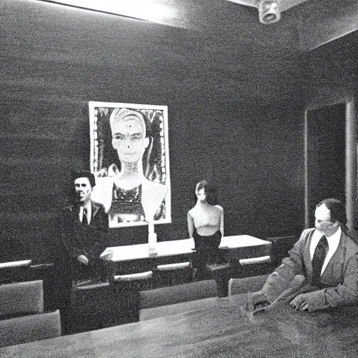 Image similar to twin peaks black lodge interior, with jumping man, the arm, and bob, vivid, lynchian, optical illusion