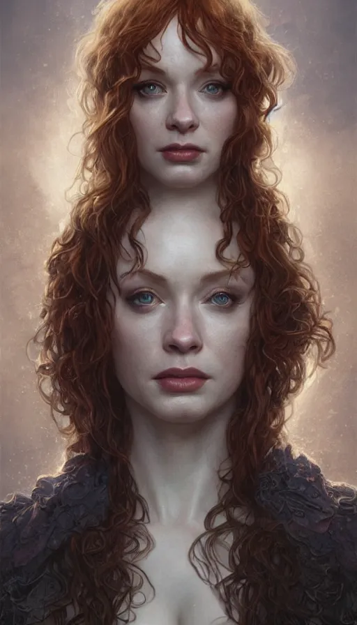 Image similar to christina hendricks, lord of the rings, sweaty insane, intricate, highly detailed, digital painting, artstation, concept art, smooth, sharp focus, illustration, unreal engine 5, 8 k, art by artgerm and greg rutkowski and alphonse mucha