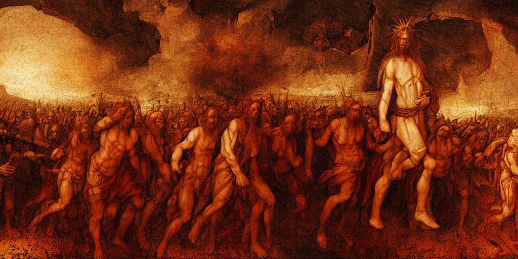 Prompt: Jesus Christ, walking through hell, to destroy Satan's kingdom, a fantasy digital Painting, by Leonardo da Vinci