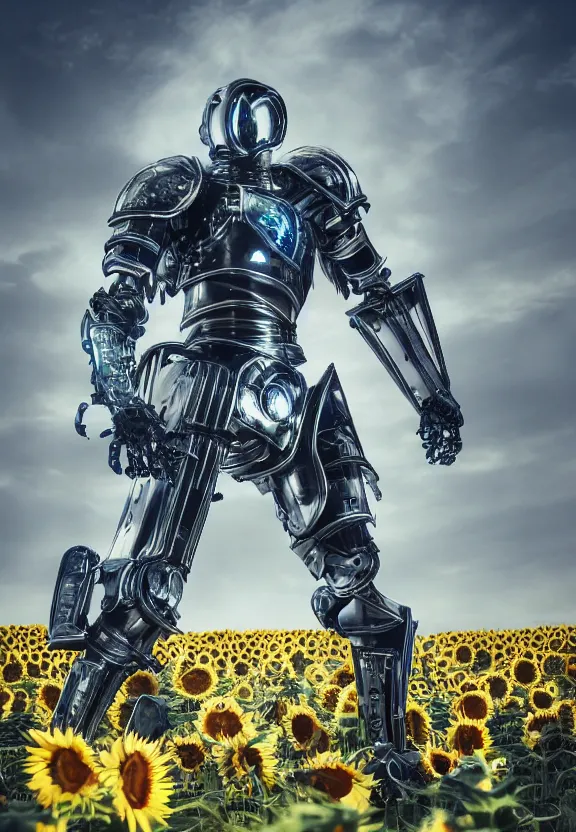 Prompt: photography of a hyper realistic cybertronic knight with a sword. complex and highly detailed armor, leds, in a sunflower field. intense stare, concept art, intricate detail, volumetric shadows and lighting, realistic glass sculpture, octane render, unreal engine.