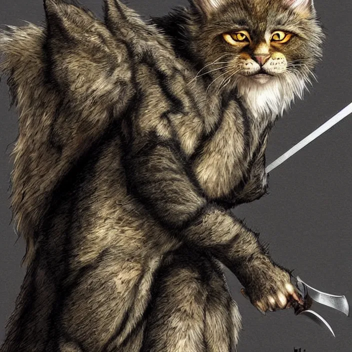 Image similar to khajit tabaxi catfolk humanoid with maine coon features black fur with a scar on the left eye and holding two shortswords cloaked in shadow and wearing hooded leather armor agile, dungeons and dragons, fantasy, tarot card style, high detail, hyper realistic