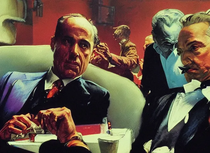 Prompt: a still from the movie godfather by of francis bacon and norman rockwell and james jean, a still from the movie antman and the wasp, mark brooks, triadic color scheme, by greg rutkowski, syd mead and edward hopper and norman rockwell and beksinski, dark surrealism, orange and turquoise ans purple