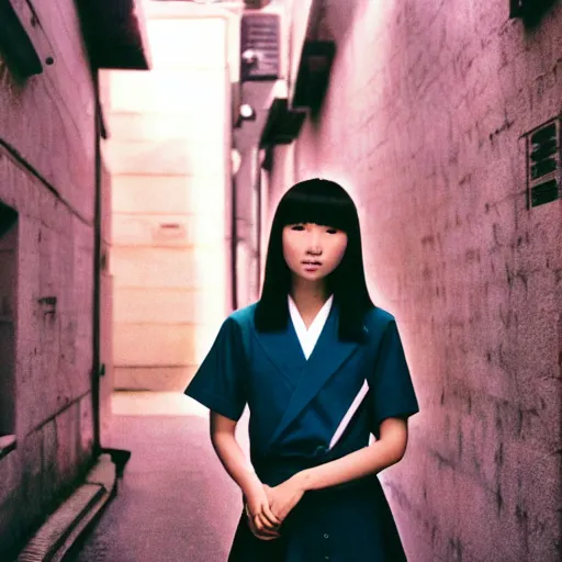 Prompt: a perfect 8K HD professional photo of close-up japanese schoolgirl posing in sci-fi dystopian alleyway, at instagram, Behance, Adobe Lightroom, with instagram filters, taken with polaroid kodak portra