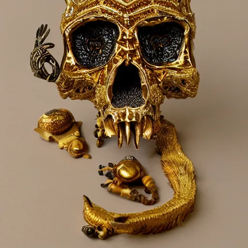 Prompt: wolf skull covered in gold intricate ornaments and jewelry, smoke in the back, chinese ivory sculpture, necroxii style, tarot, extremely high detail, black background