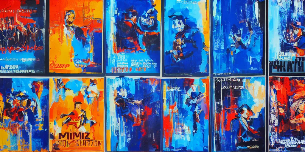 Prompt: oil painting of tv show posters on a blue wall, blue overtones, highly detailed, stylized, abstract