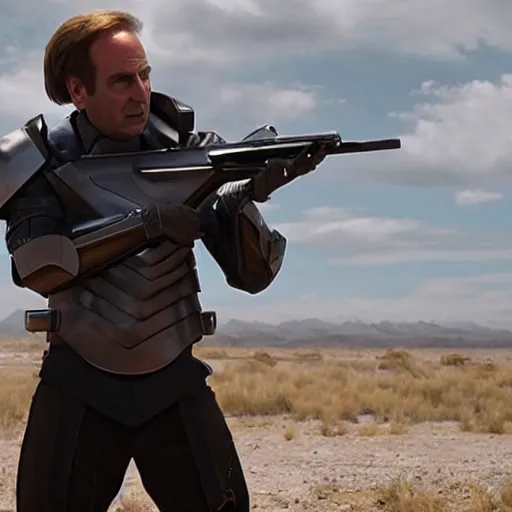 Image similar to Movie still of Saul Goodman wearing futuristic futuristic futuristic armour while holding a shotgun, highly detailed, 4k