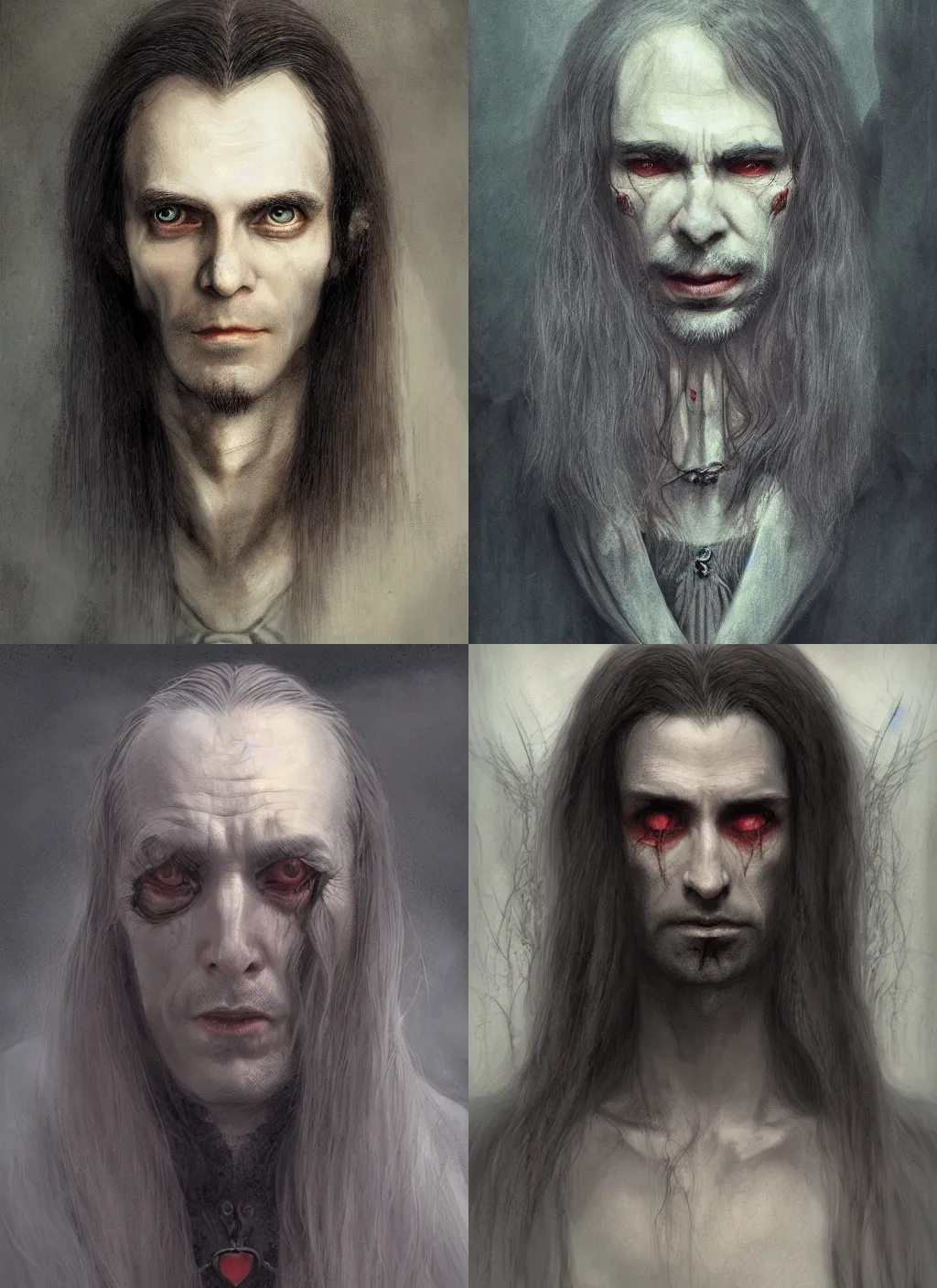 Prompt: portrait of a gentle and wise vampire with long hairs in alan lee and marc simonetti and emil melmoth style , cinematic lighting
