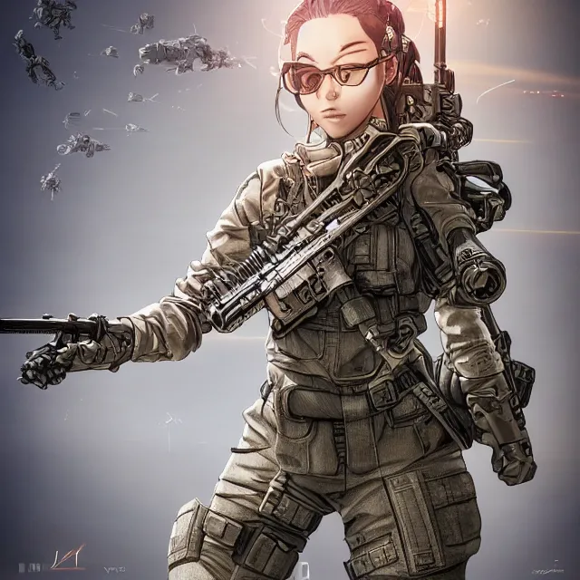 Image similar to the hyperrealistic portrait of lawful neutral female futuristic marine sniper as absurdly beautiful, gorgeous, elegant, young anime gravure idol, an ultrafine hyperdetailed illustration by kim jung gi, irakli nadar, intricate linework, bright colors, octopath traveler, final fantasy, unreal engine 5 highly rendered, global illumination, radiant light, detailed and intricate environment