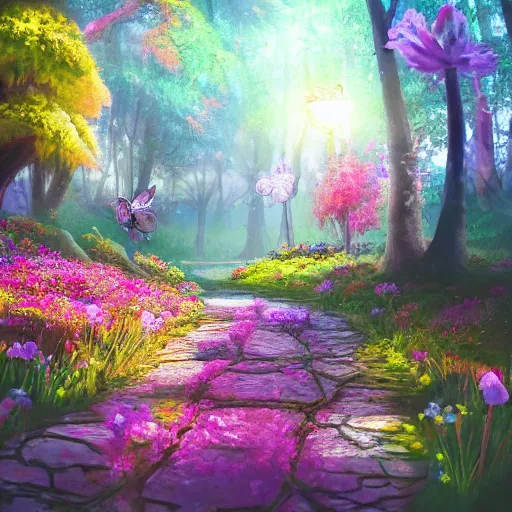 Prompt: An enchanted forest, colorful flowers, pathway, reflection, moonlight, fantasy scene, clear sky, illustration, depth of field, ruins, soft light, high definition, detailed, 8k, Artstation, fantasy art