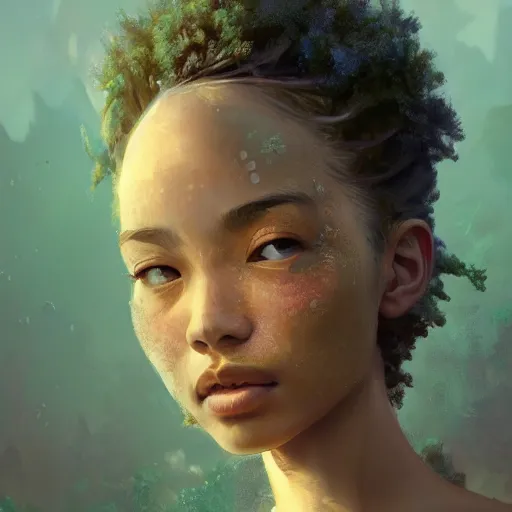 Prompt: beautiful mulatto caught by a predatory plant venus flycatcher, gorgeous, close-up portrait, intricate, elegant, volumetric lighting, scenery, digital painting, highly detailed, artstation, sharp focus, illustration, concept art, ruan jia, steve mccurry