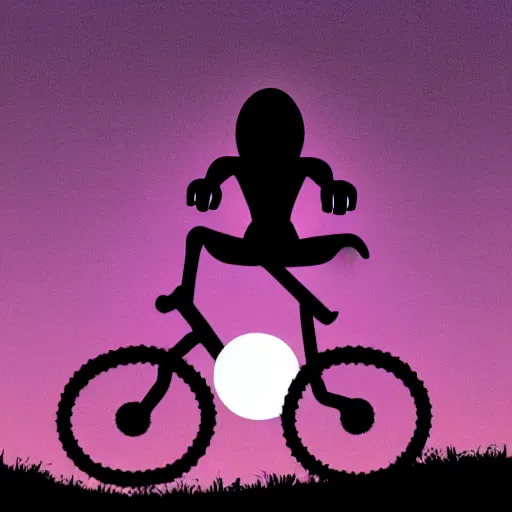 Prompt: a silhouette of an alien making a big jump with bike with, flying, a silhouette of trees and big grass, big shiny moon on the background at night