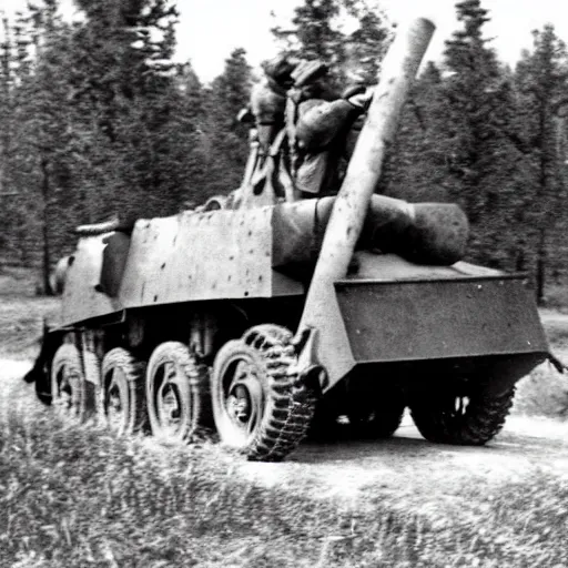 Prompt: a picture of a enormous bear pulling a towed canon on wheel behind him, eastern front, ww 2, historical picture