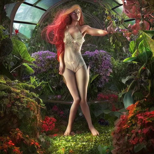 Prompt: a beautiful gardenmancer standing in an otherworldly greenhouse interior. by artgerm. photographic, highly realistic. painting. sharp contrast, cinematic lighting. trending on artstation