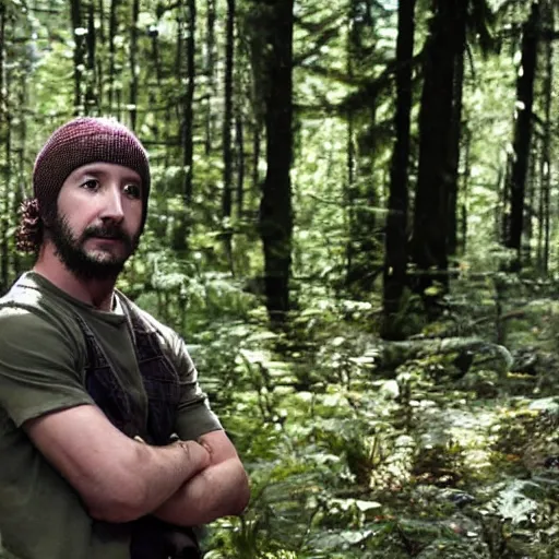 Prompt: you are in a forest, you see shia labeouf, badly hiding behind a bolder, sneakily looking at you, at lest 6 feet away