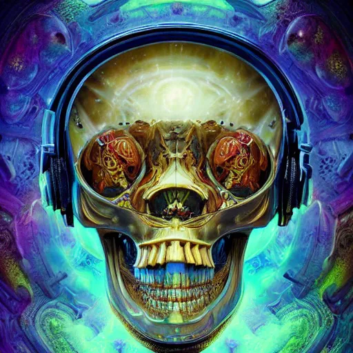 Image similar to portrait of a fantasycore glitchcore skull in a helmet. intricate abstract. intricate artwork. celestial. immaculate, by dan seagrave, beeple, dan mumford. octane render, CGSociety very coherent symmetrical artwork. cinematic, hyper realism, high detail, octane render, 8k, iridescent accents