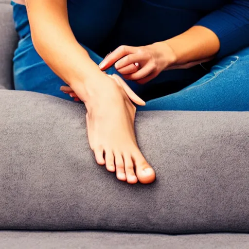 Prompt: a woman cutting her toenails on a grey couch