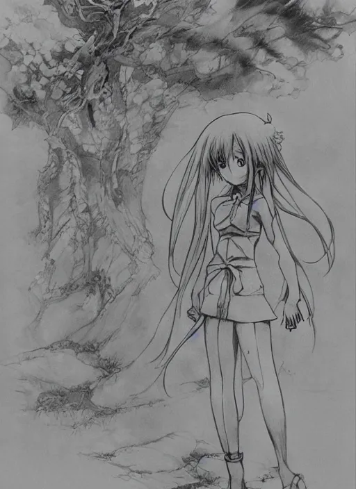Image similar to Anime girl, drawn by Yoshitaka Amano, landscape