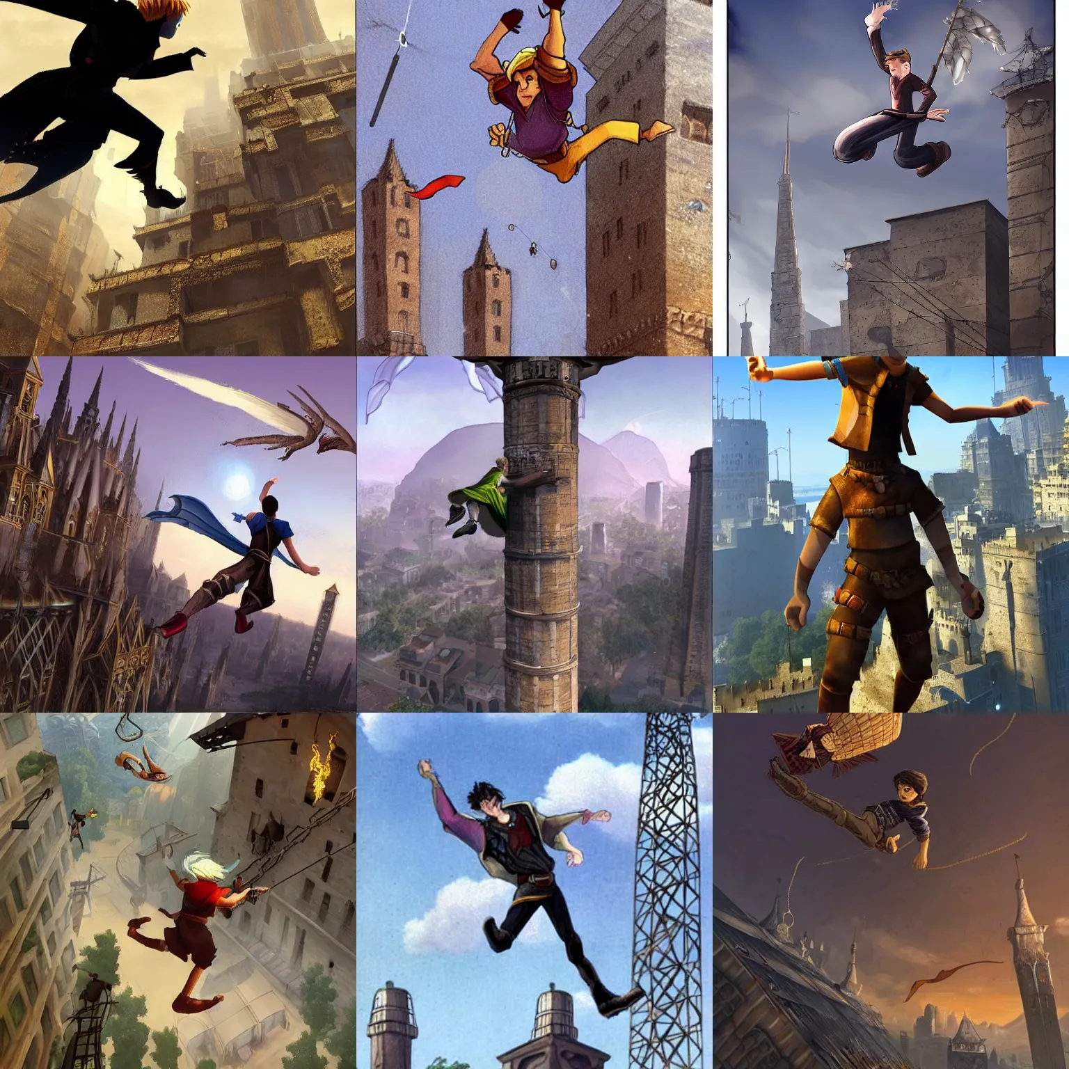 Prompt: A boy thief falling off a tall tower in a metal city wishing he could fly, epic fantasy style