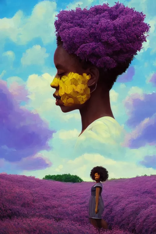 Image similar to portrait, giant lilac flower as head, black girl in heather field, surreal photography, golden hour, colorful clouds, impressionist painting, digital painting, artstation, simon stalenhag
