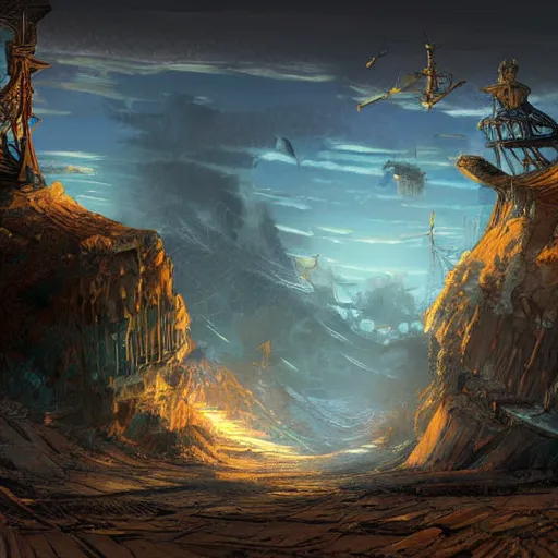 Prompt: panoramic steampunk landscape concept art dynamic illumination, digital art by brown n 4