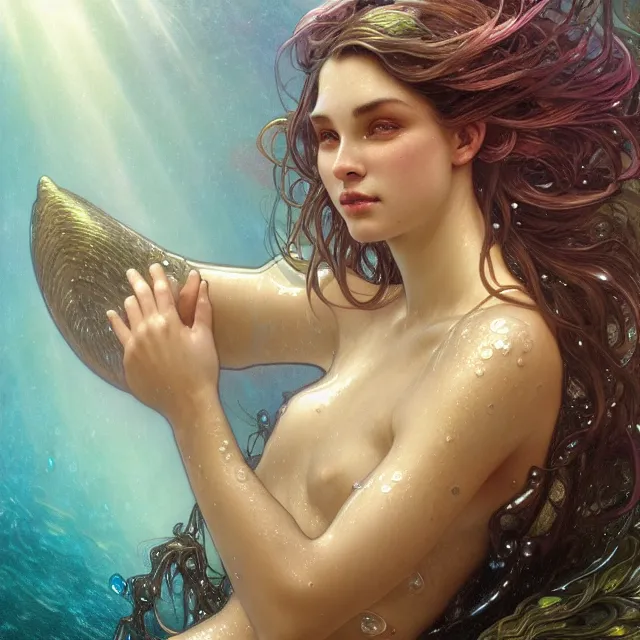 Prompt: close up portrait of a beautiful female mermaid, shiny skin, wet, artistic, magical water background with caustics, light rays, fantasy atmosphere. art by artgerm and greg rutkowski and alphonse mucha, highly detailed, intricate, lifelike. sci - fi, fantasy, magical, octane render, nikon d 8 5 0.