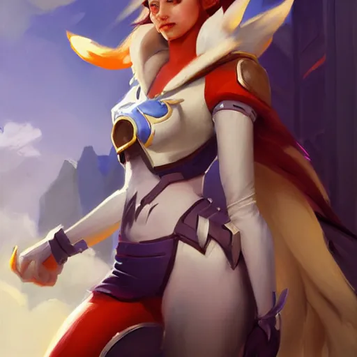 Image similar to greg manchess portrait painting of partially armored ahri as overwatch character, medium shot, asymmetrical, profile picture, organic painting, sunny day, matte painting, bold shapes, hard edges, street art, trending on artstation, by huang guangjian and gil elvgren and sachin teng