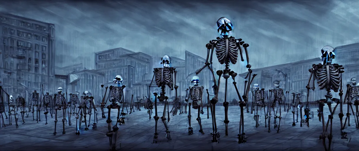 Image similar to hyperrealistic skeleton army mall in background ute osterwald jason limon concept art dramatic blue lighting wide angle hd 8k sharp shallow depth of field