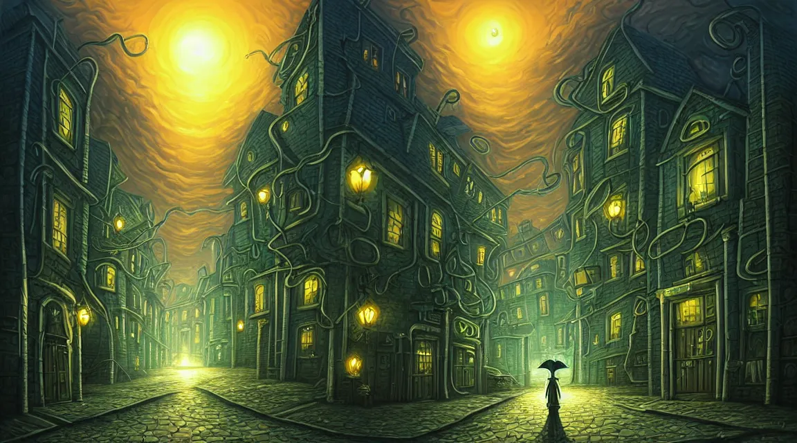 Prompt: cthulhu visits a lovecraftian town. lovecraft. cthulhu. lovecraftian city at night by cyril rolando and naomi okubo and dan mumford and ricardo bofill. lovecraftian cthulhu. cobbled streets. lovecraftian landscape. swirly night sky.