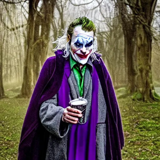 Image similar to the joker as an old druid wizard, bald, bushy grey eyebrows, long grey hair, disheveled, wise old man, wearing a grey wizard hat, wearing a purple detailed coat, a bushy grey beard, sorcerer, he is a mad old man, laughing and yelling