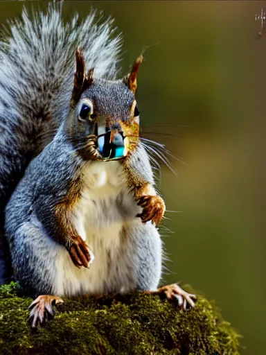 Image similar to a squirrel as king arthur, extremely plump, wearing crown of acorns and dandelions, servant squirrels, king arthur's court, game of thrones, sitting on throne, low angle, palace, fantasy art, cinematic lighting, realistic, sony 2 4 mm f 4. 0