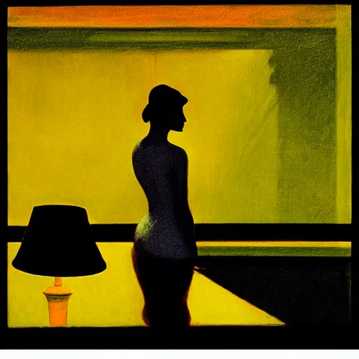 Image similar to silhouette of a woman gazing out the window of her hotel room, rainy night, neon lighting, extremely detailed masterpiece, by Edward Hopper