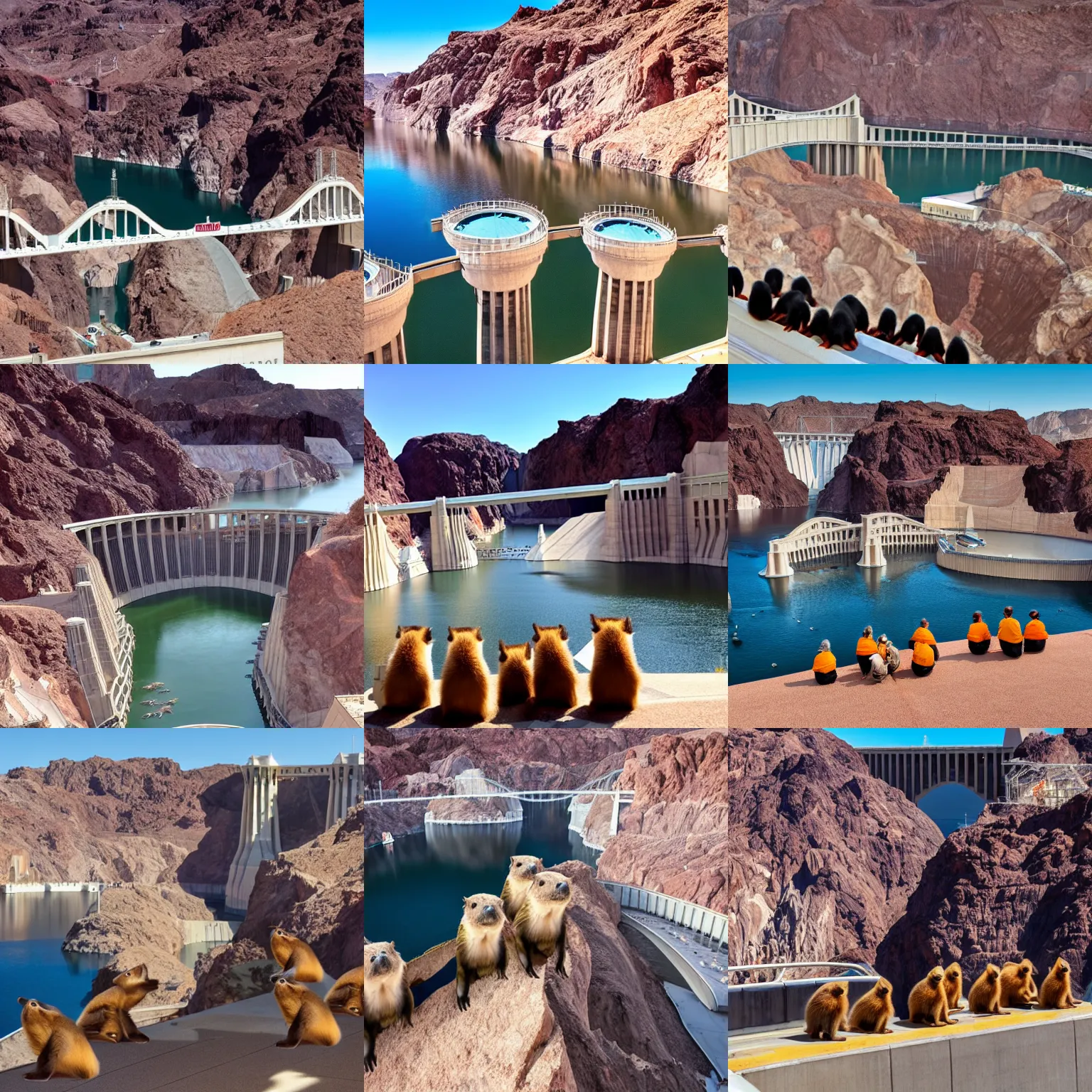 Prompt: a group of beavers photobombing the grand hoover dam