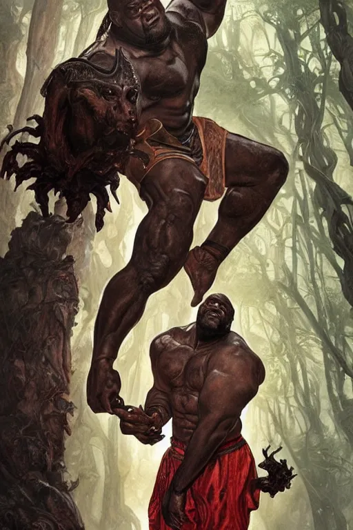 Image similar to portrait of shaquille o'neal as a hulking herculean demon, forest, godlike, full body, fantasy, intricate, elegant, highly detailed, digital painting, artstation, concept art, sharp focus, illustration, art by artgerm and greg rutkowski and alphonse mucha