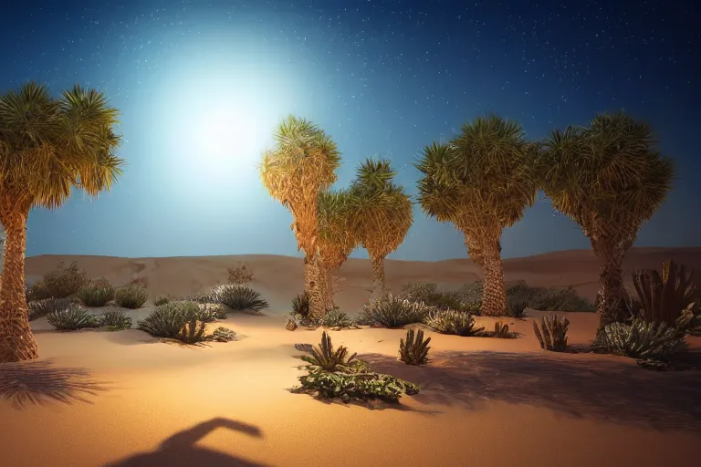 Image similar to Arabian nights theme desert lights show neon on palm trees hype realistic realistic 3d render octane render drone light