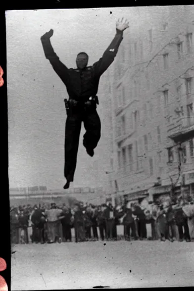 Image similar to a photo taken from a distance of police surrounding a man floating in the air with his hands up