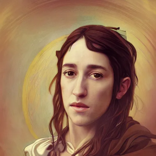 Image similar to accurate portrait of! charlotte gainsbourg! as joan of arc, hyperrealistic digital painting, iconography influenced by alphonse mucha and eugene delacroix, arstation and deviantart trends, high resolution 8 k