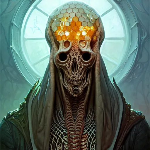 Prompt: Portrait of an undead ilithid mindflayer dracolich, honeycomb background, d&d, fantasy, intricate, elegant, highly detailed, digital painting, artstation, concept art, smooth, sharp focus, illustration, art by Krenz Cushart and Artem Demura and alphonse mucha