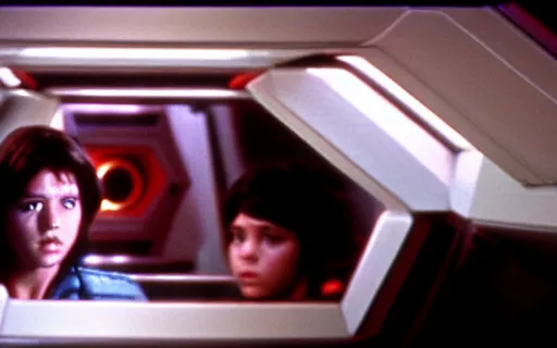 Image similar to full - color cinematic movie still from a 1 9 7 9 science - fiction horror film by ridley scott starring young phoebe cates as a crew member on a spaceship fighting a xenomorph. detailed facial - features ; suspense ; action.