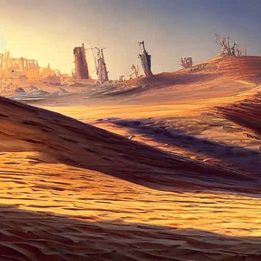 Prompt: painting of a sand landscape, futuristic, wreckage of hundreds of giant, humanoid robots, oasis, 4 k