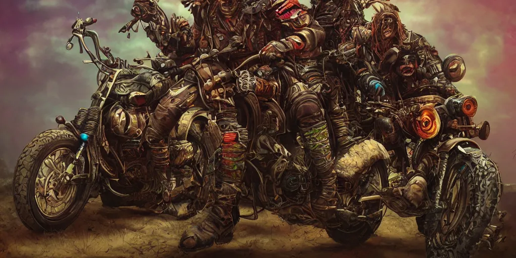 Image similar to psychedelic post apocalyptic orcish biker gang, incredibly detailed motorcycles, sharp focus, psychedelic colors, artstation, cgsociety