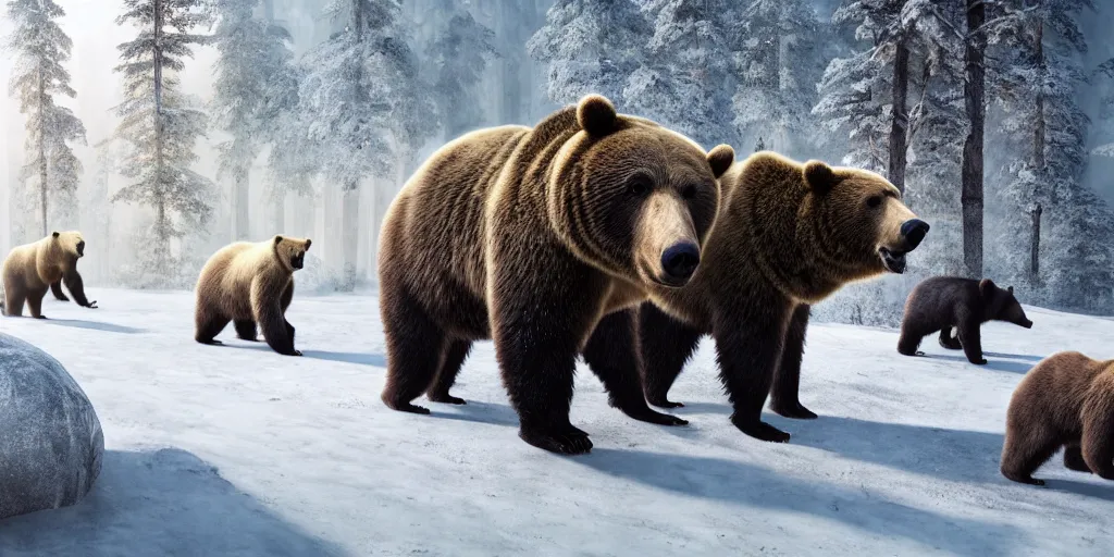 Image similar to Huge Bears wandering in the icey Nordic Scandinavian forest scavenging for food , realistic 4k octane beautifully detailed render, 4k post-processing, highly detailed, intricate complexity, epic composition, magical atmosphere, cinematic lighting, masterpiece, ultra hd