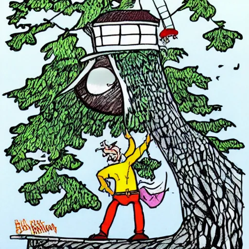 Image similar to neat ink drawing of cartoon wizard stuck in the top of the roof, in the tree, above the sea, by Bill Waterson,