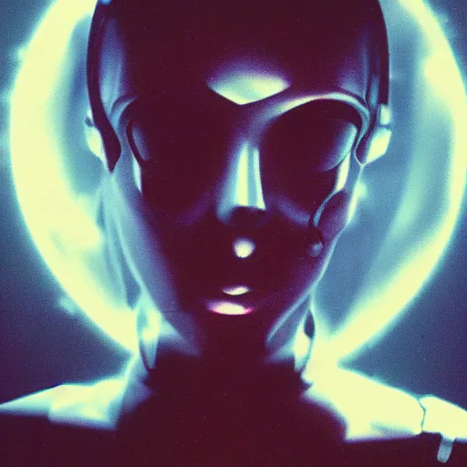 Prompt: cyber - polaroid of a female cyborg, ethereal, vortex