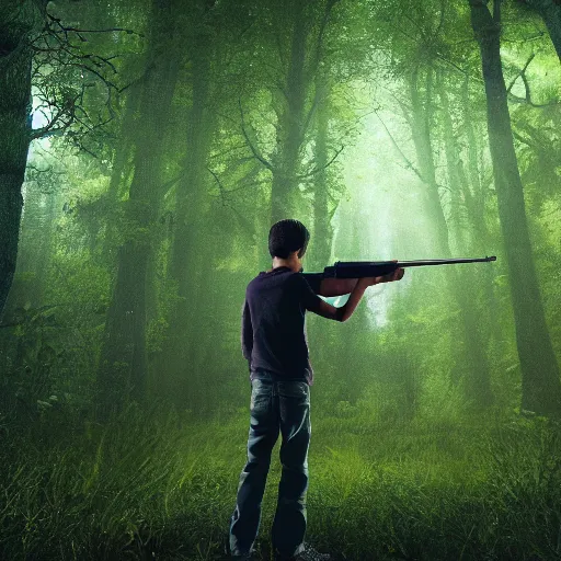 Image similar to in a background horror green forest, in foreground boy with shotgun, 8 k, ultra detailed