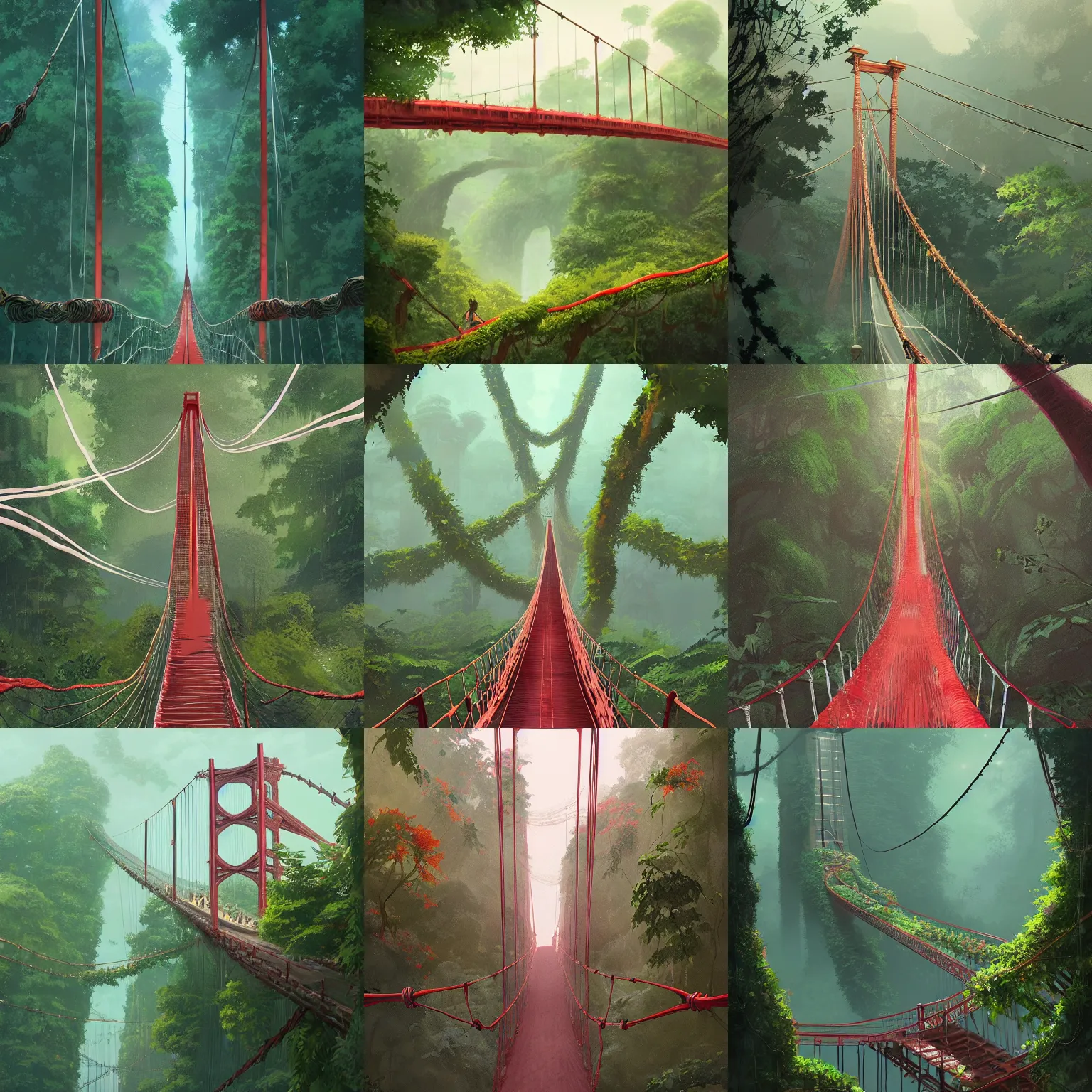 Prompt: Naturecore Red Suspension Bridge covered in vines by Studio Ghibli and Greg Rutkowski, artstation