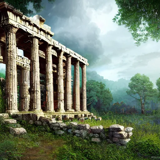 Prompt: beautiful highly detailed digital illustration of greek palace ruins in the forest. by Andreas Rocha, dramatic clouds, flowers and vines and creepers, establishing shot, cinematic, architecture, artstation HQ, HD, 8k resolution, featured in art magazine, amazing depth, octane render, unreal engine 5