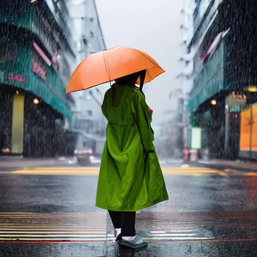 Prompt: photograph of a beautiful japanese girl wearing a long green raincoat holding an umbrella, waiting at a bus stop in downtown tokyo during a rainstorm