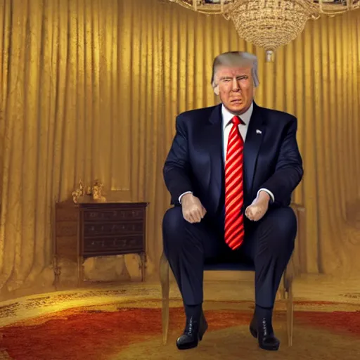 Image similar to Donald Trump with doge body, realistic artstyle, wide shot, dramatic lighting, octane render, hyperrealistic, high quality, highly detailed, HD, beautiful, cinematic, 8k, unreal engine, facial accuracy, symmetrical