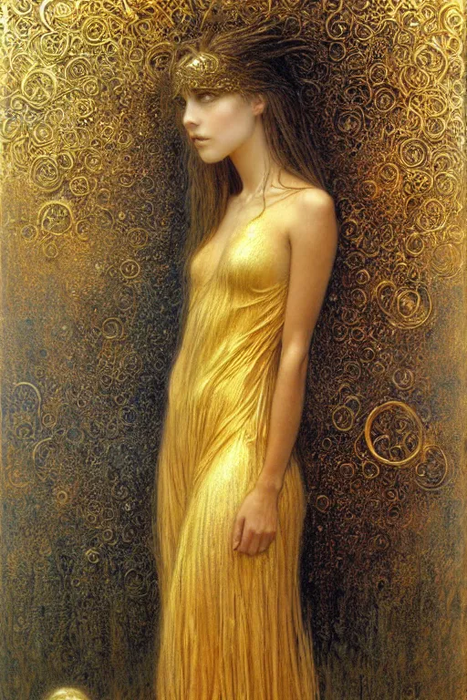 Prompt: portrait of tomboy in golden dress, fantasy, intricate, jean delville, luis royo